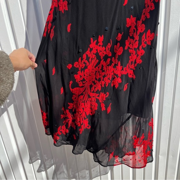 MAJICK vintage black sheer red floral sequin lace trim short sleeve midi maxi - Picture 2 of 8